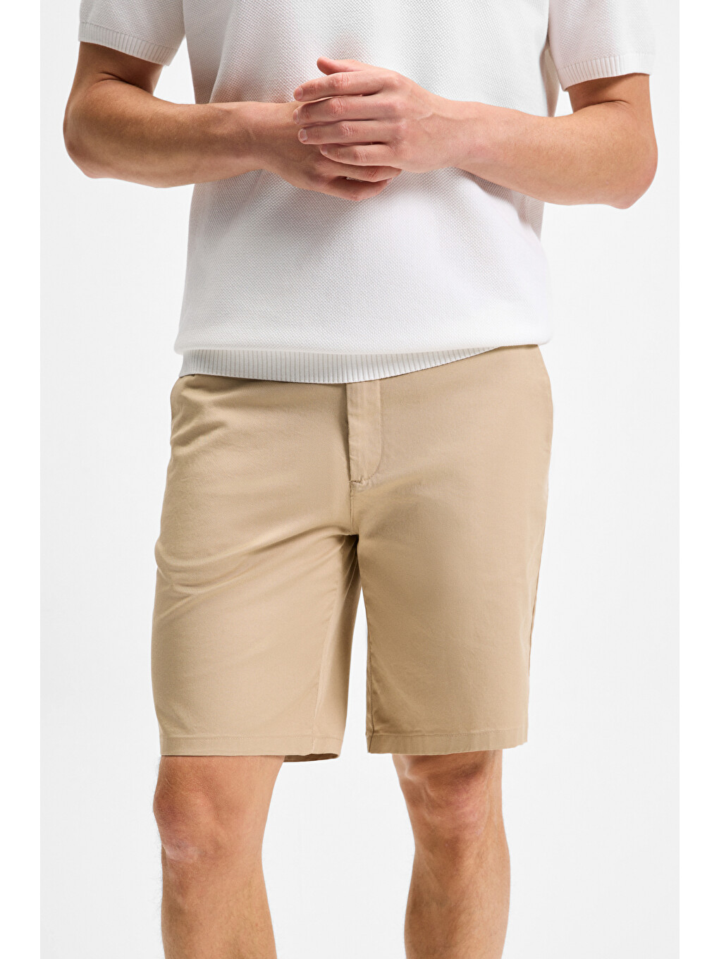 Erkek Yanları Cepli Fermuarlı Elastanlı Slim Fit Bej Şort-2