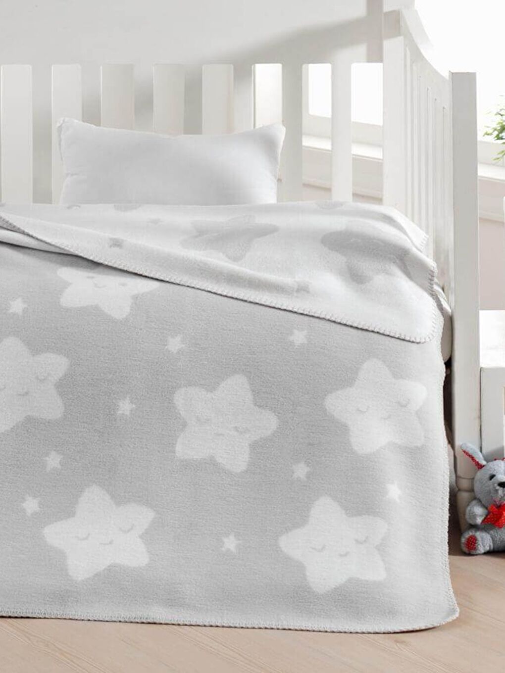 Pamuklu Çift Taraflı Bebek Battaniye 100x120 Star Açık Gri
