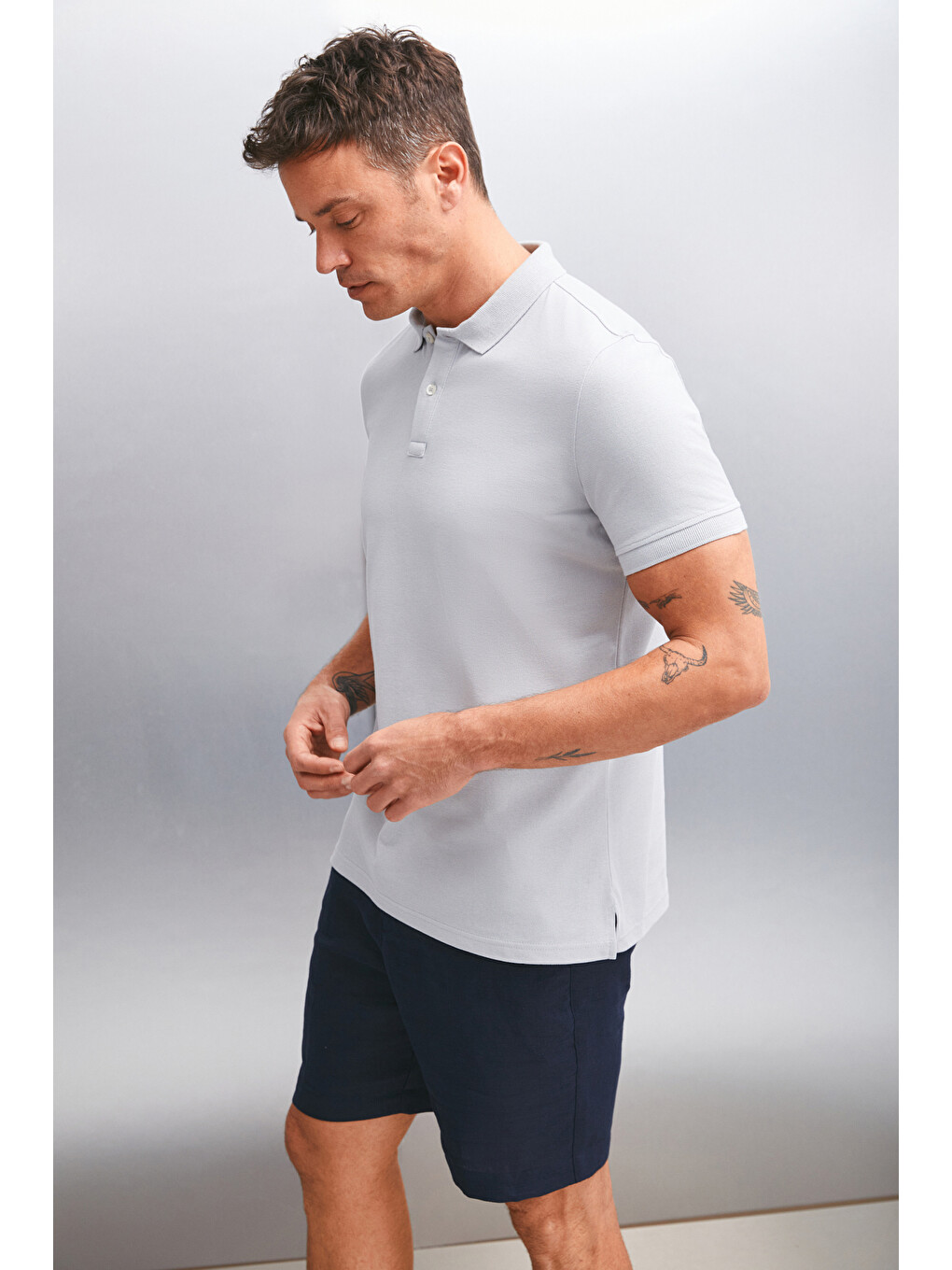 Gri MARTEN Erkek %100 Pamuk Kısa Kollu Regular Fit GRİ Polo Yaka T-shirt-4