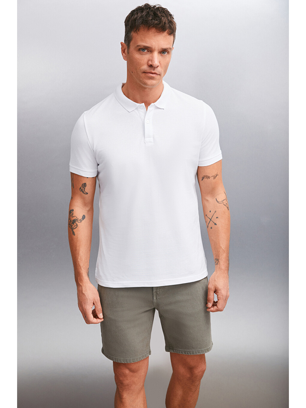 Erkek %100 Pamuk Kısa Kollu Regular Fit Beyaz Polo Yaka Tişört-1
