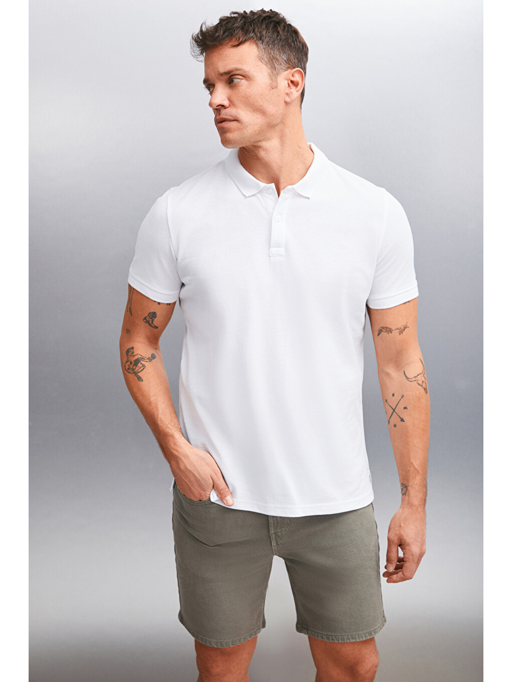 Erkek %100 Pamuk Kısa Kollu Regular Fit Beyaz Polo Yaka Tişört-2