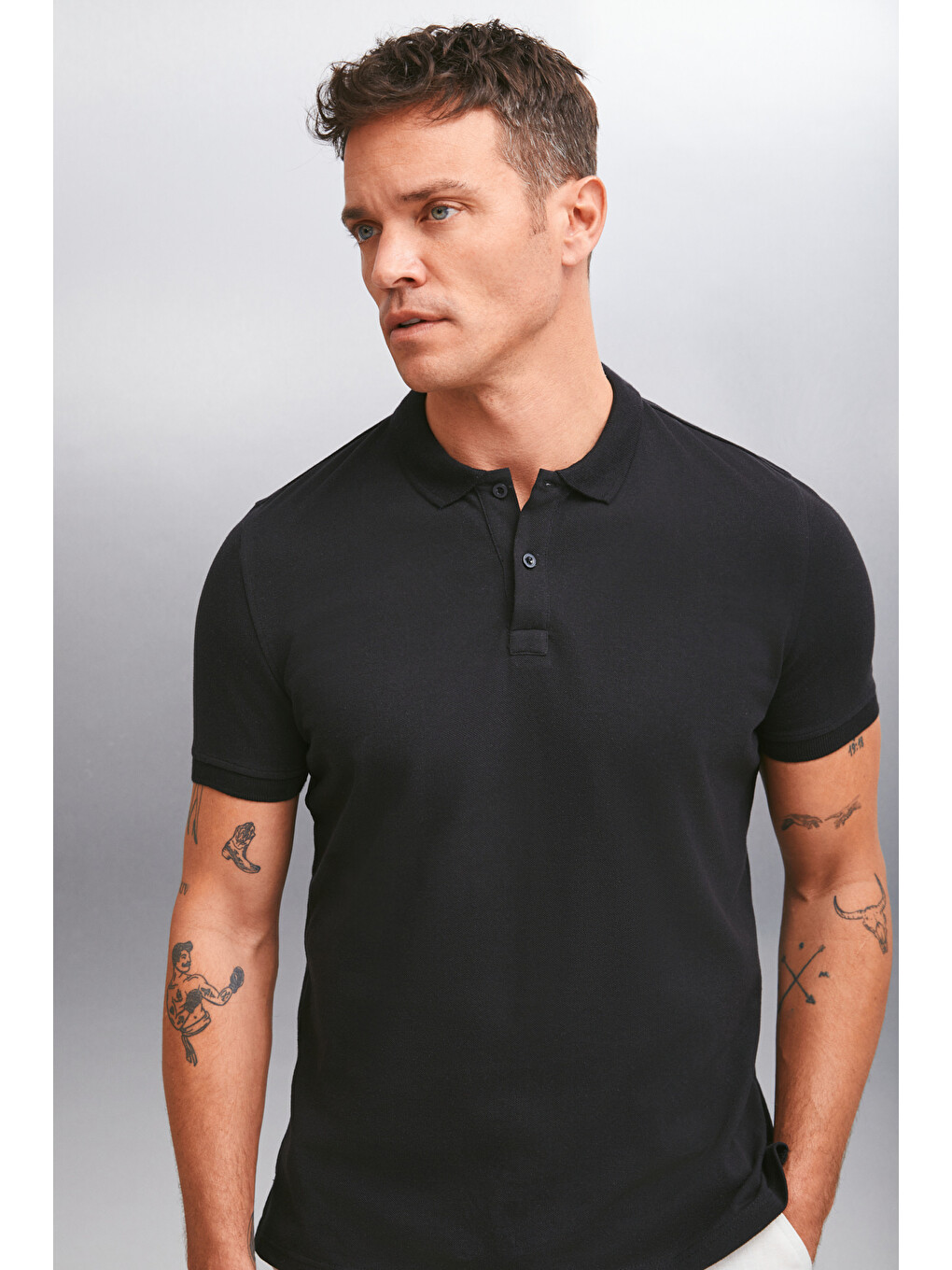 Siyah MARTEN Erkek %100 Pamuk Kısa Kollu Regular Fit SİYAH Polo Yaka T-shirt-3
