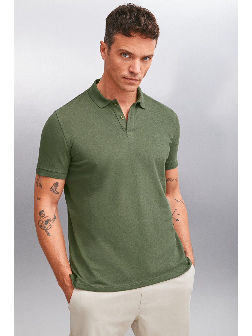 Haki MARTEN Erkek %100 Pamuk Kısa Kollu Regular Fit HAKİ Polo Yaka T-shirt-2