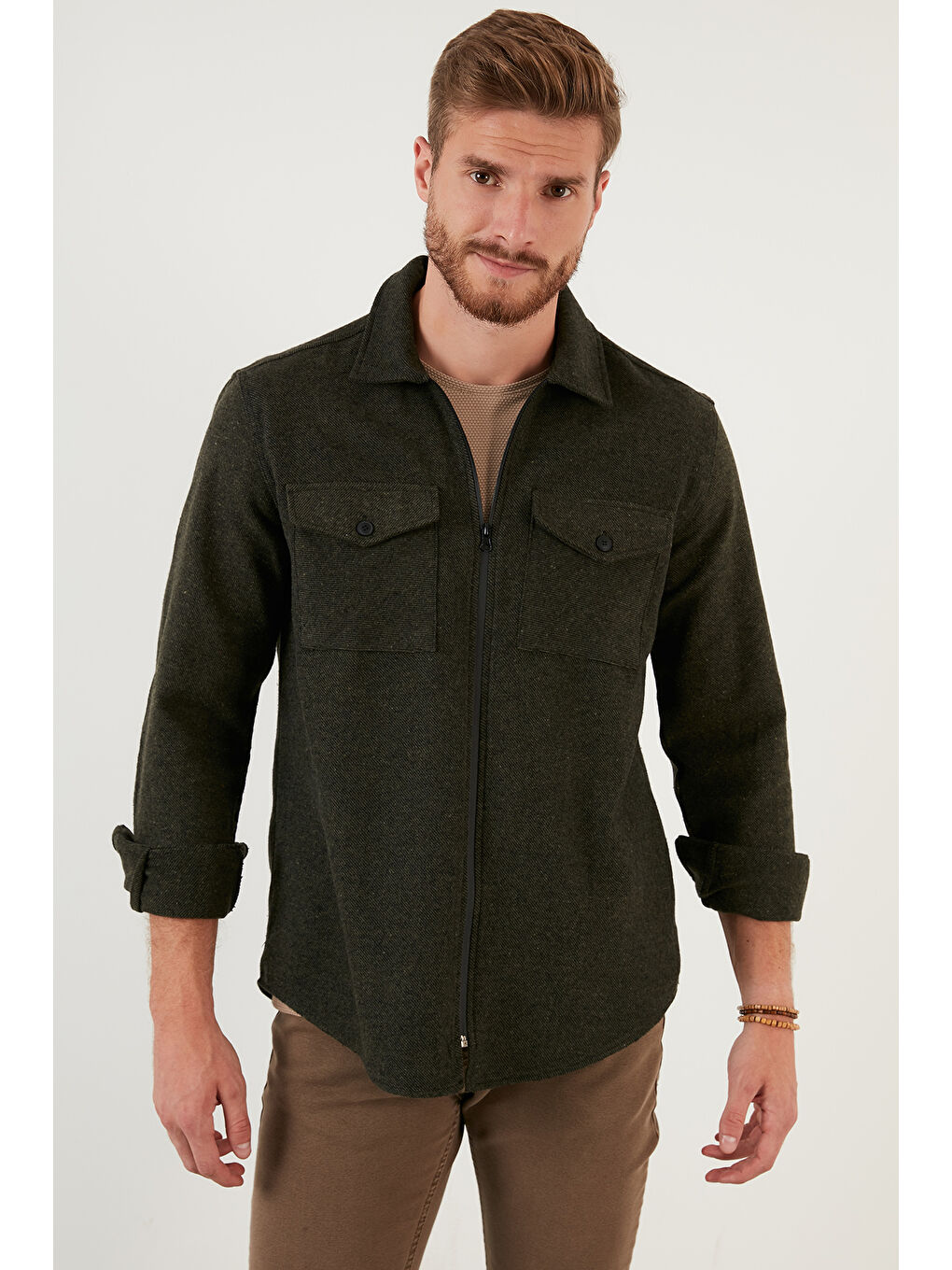 Haki Çift Cepli Fermuarlı Slim Fit Kışlık Oduncu Gömlek CF21W112925-6