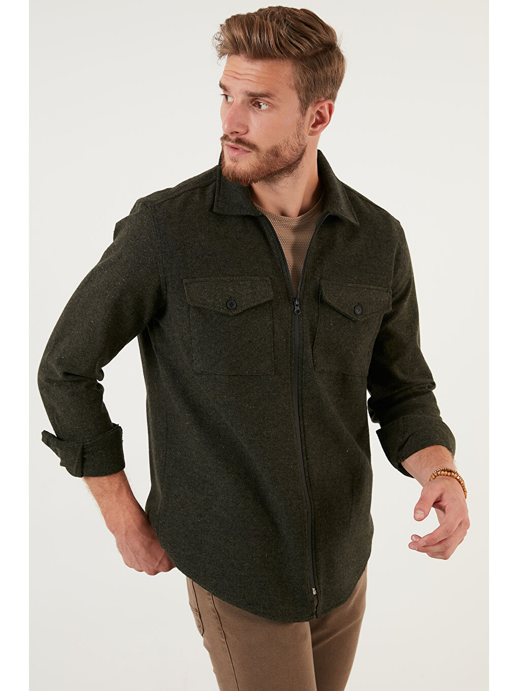 Haki Çift Cepli Fermuarlı Slim Fit Kışlık Oduncu Gömlek CF21W112925-7