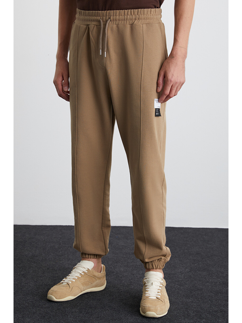 Bej ROWAN Erkek Organik Pamuklu Relaxed Fit İçi Polarlı Süs etiketli Jogger VİZON Eşofman Altı-1