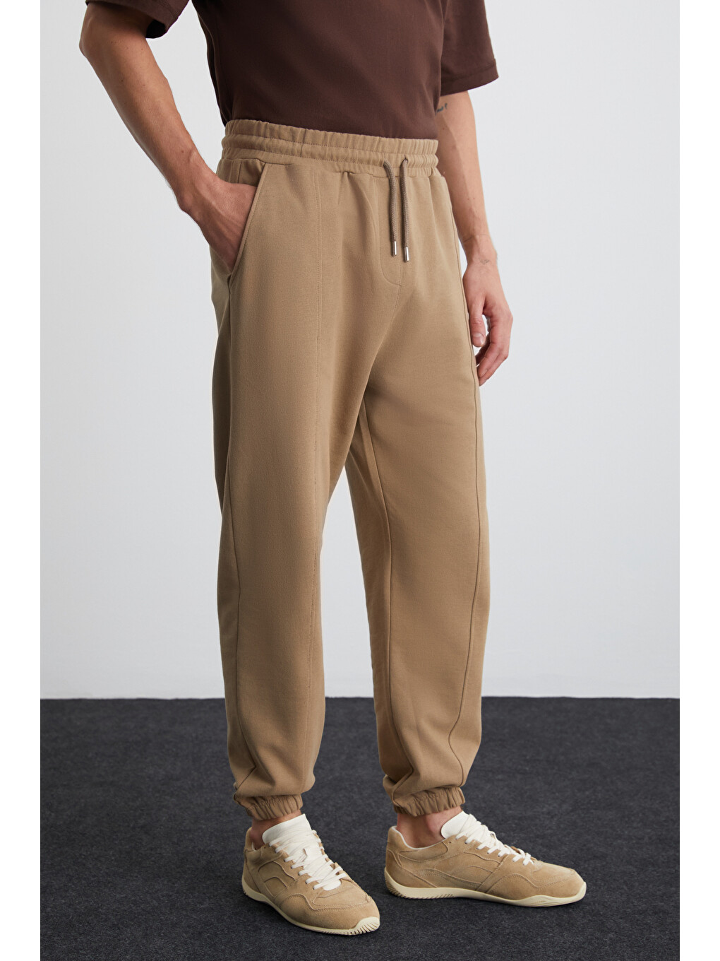Bej ROWAN Erkek Organik Pamuklu Relaxed Fit İçi Polarlı Süs etiketli Jogger VİZON Eşofman Altı-2
