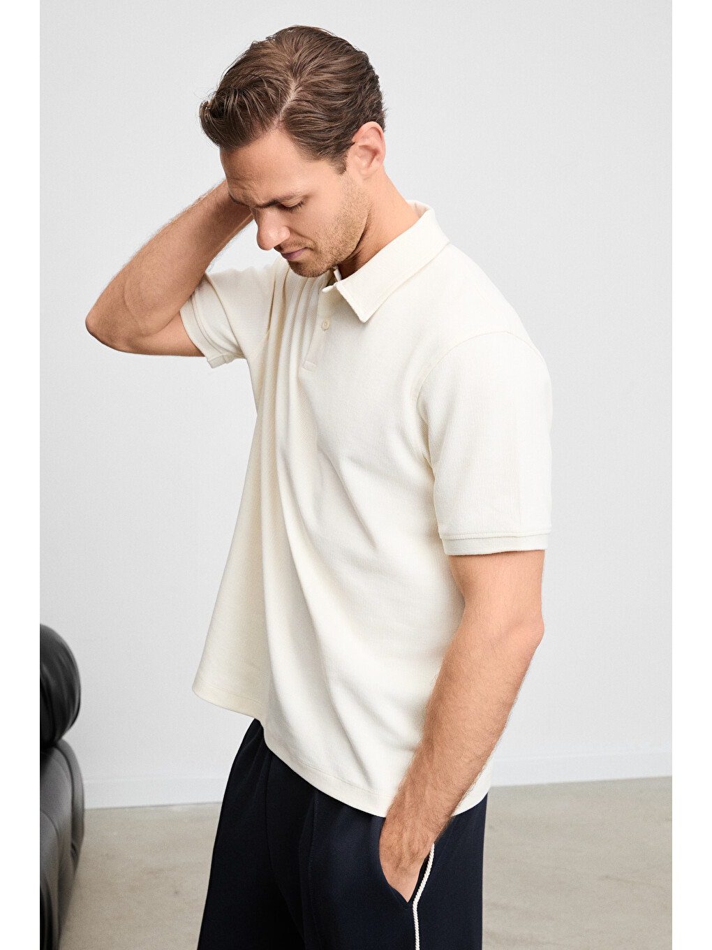 Ekru MINNUTU Erkek Organik Pamuklu Polo Yakalı Regular Fit EKRU T-Shirt-1