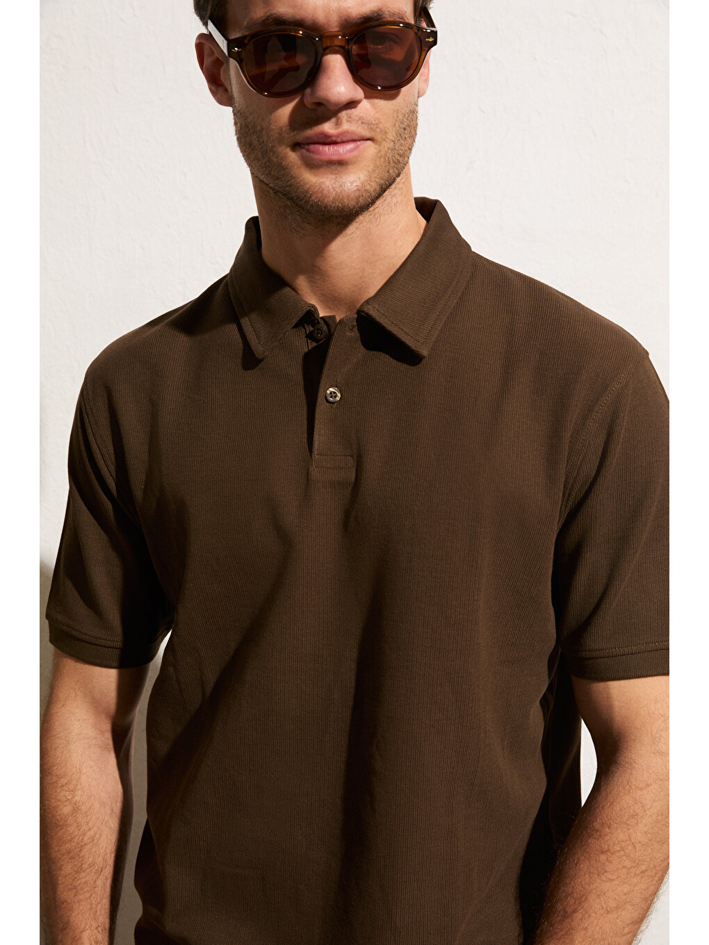 Kahverengi MINNUTU Erkek Organik Pamuklu Polo Yakalı Regular Fit KAHVERENGİ T-Shirt