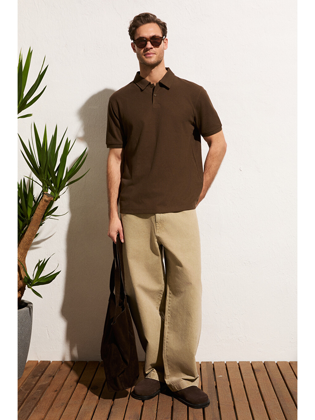 Kahverengi MINNUTU Erkek Organik Pamuklu Polo Yakalı Regular Fit KAHVERENGİ T-Shirt-2
