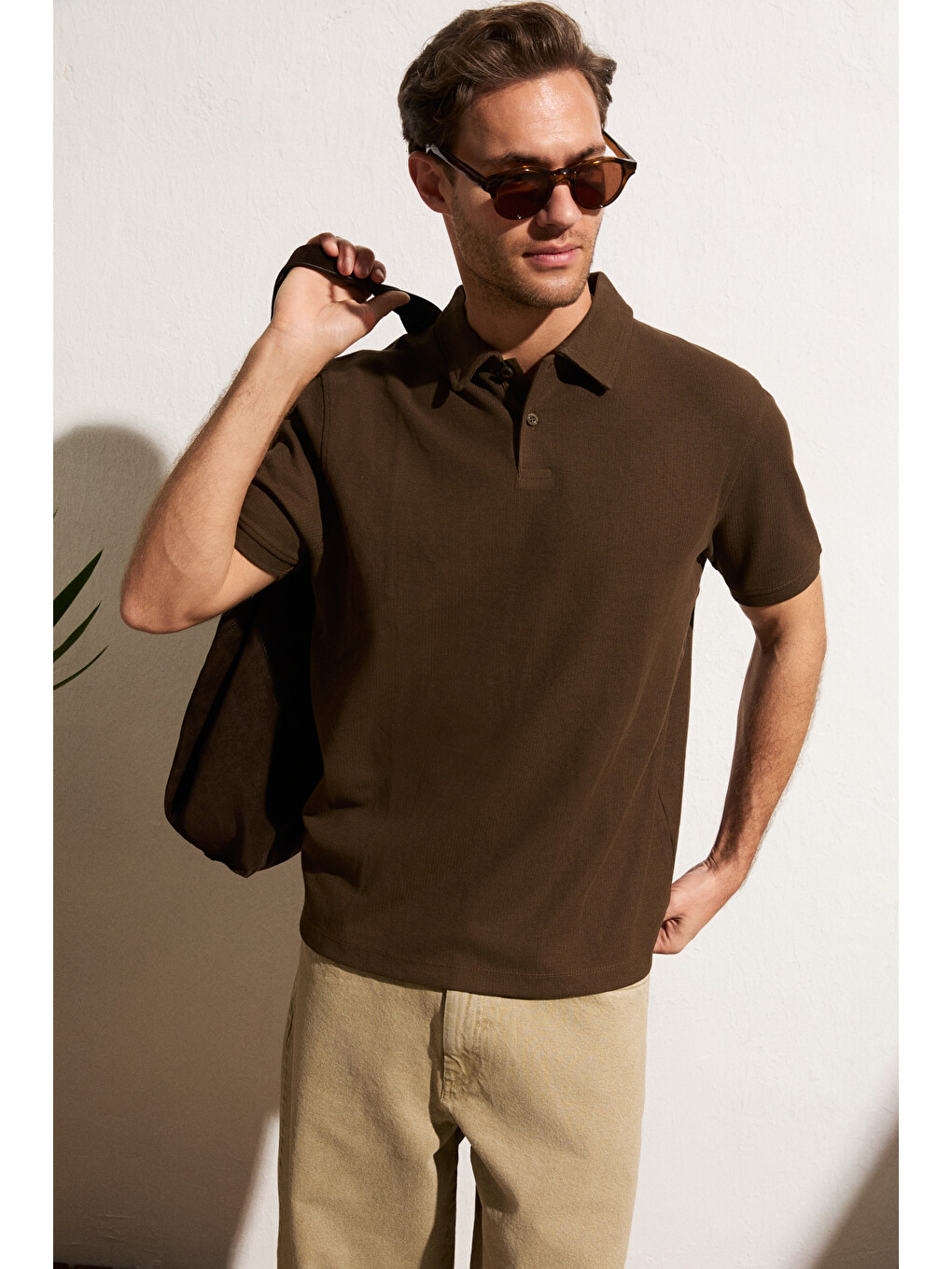 Kahverengi MINNUTU Erkek Organik Pamuklu Polo Yakalı Regular Fit KAHVERENGİ T-Shirt-3