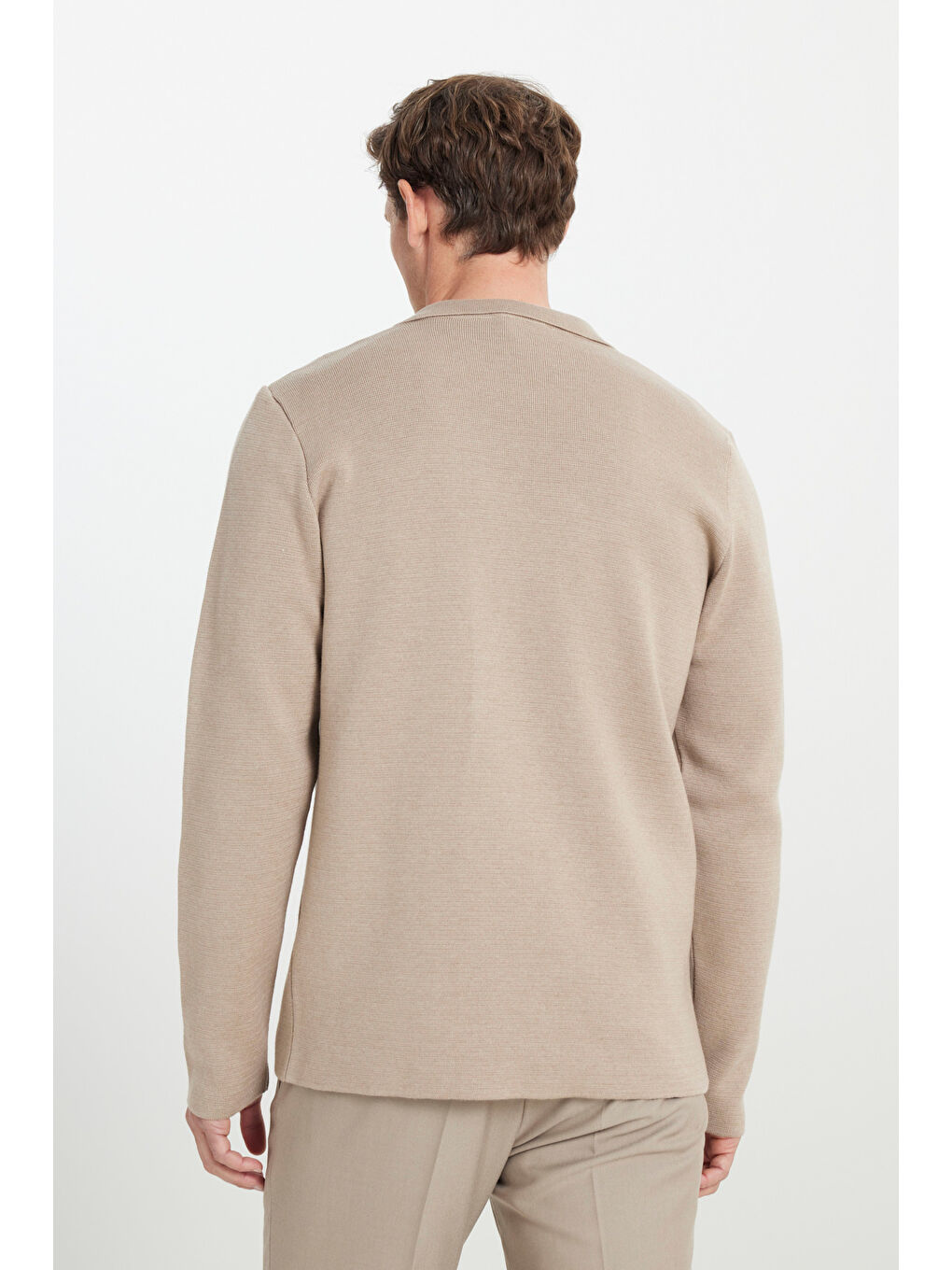 Bej Erkek Vizon Pamuklu Standart Fit Normal Kesim Kruvaze Yaka Cepli Triko Ceket-4