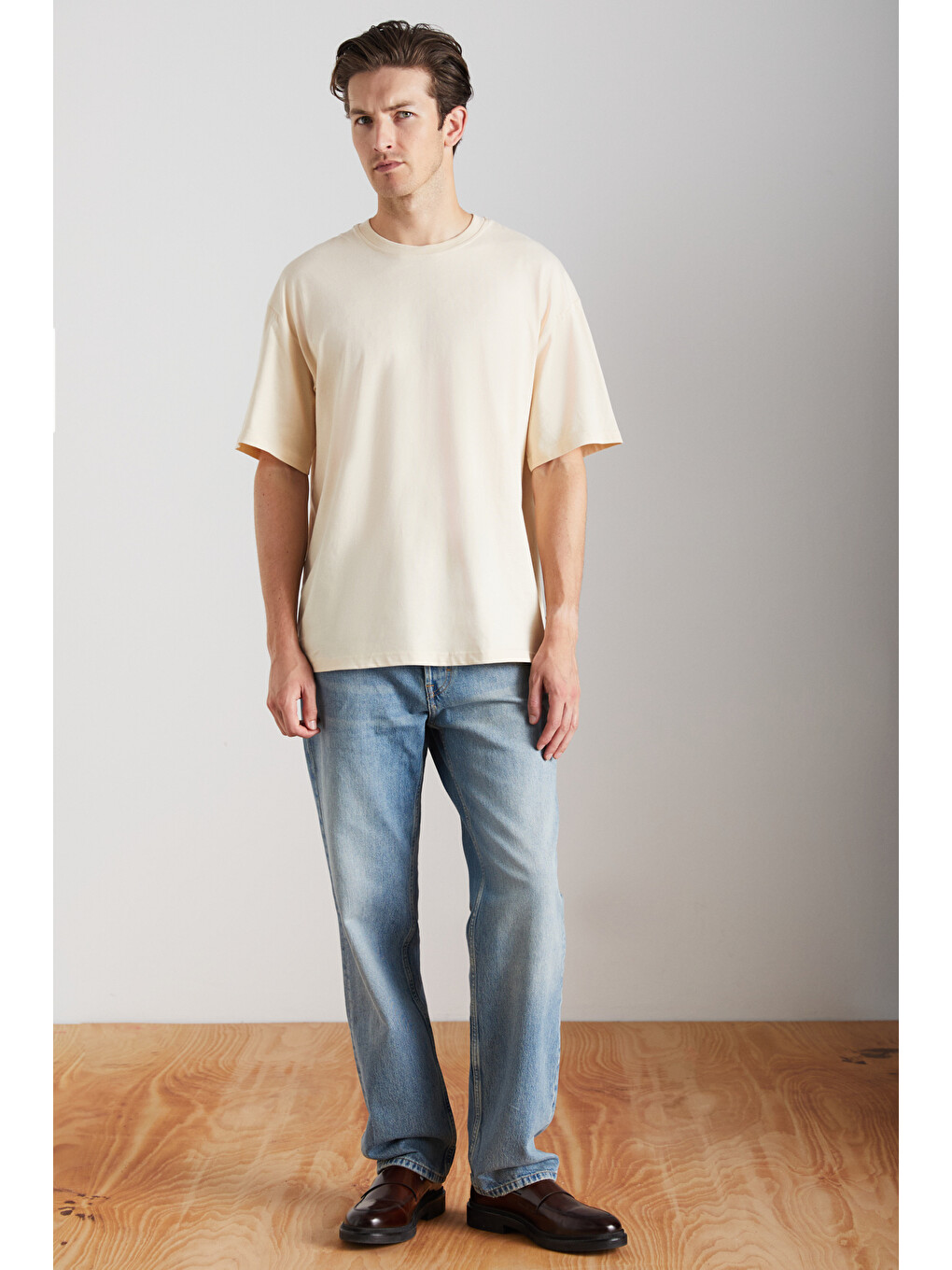 Bej Erkek Oversize Fit %100 Organik Pamuk Kalın Dokulu Bisiklet Yakalı Vanilya Tişört-1