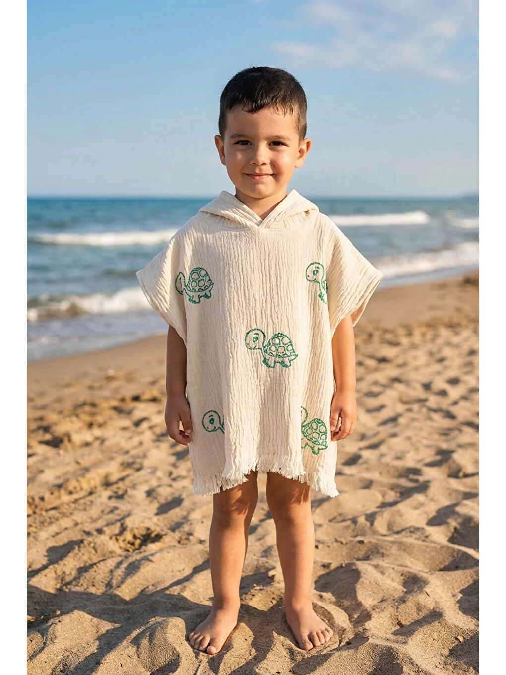 Ekru Organik %100 Pamuk Müslin Çocuk Panço - Kaplu