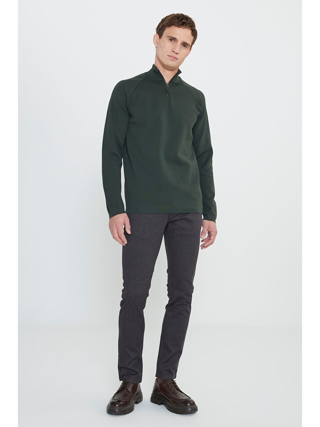 Erkek Haki Standart Fit Normal Kesim Bato Dik Yaka Triko Kazak-1