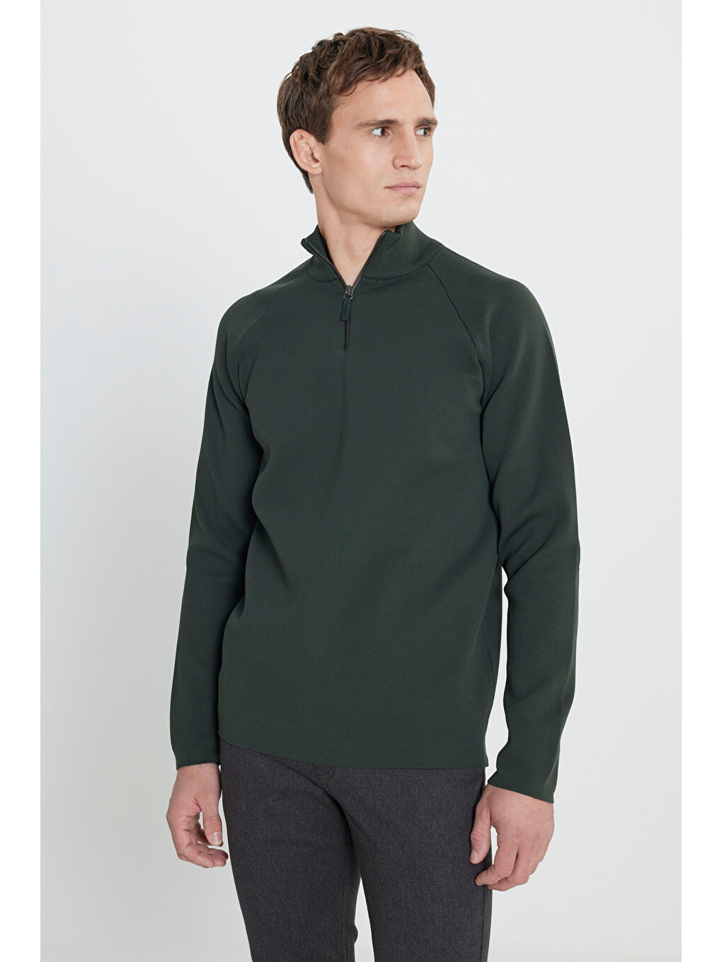 Erkek Haki Standart Fit Normal Kesim Bato Dik Yaka Triko Kazak-2