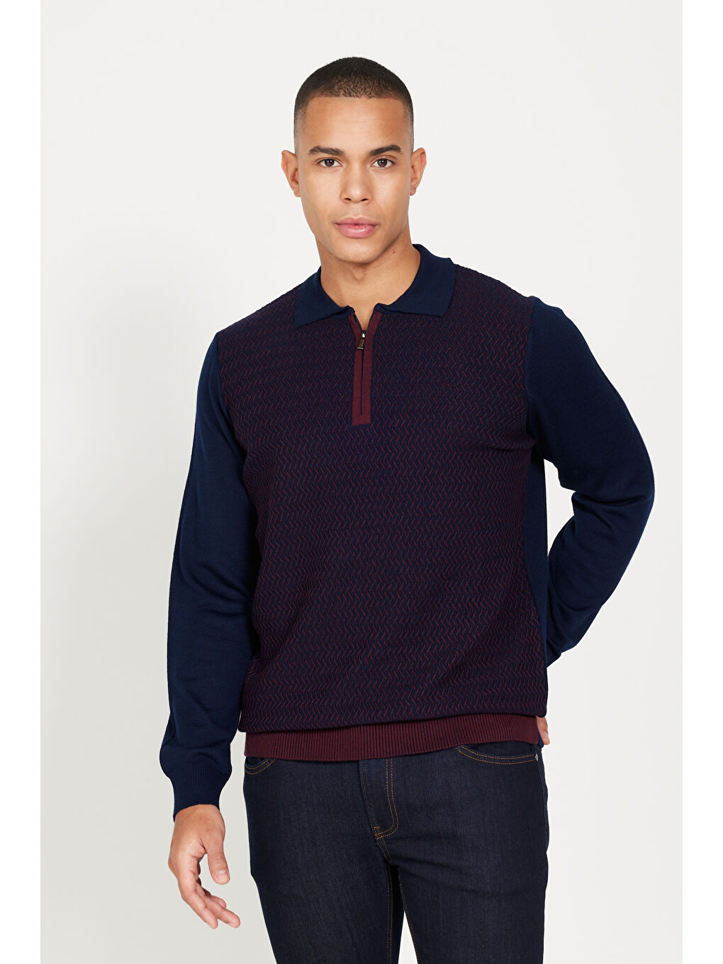 Erkek Lacivert-Bordo Standart Fit Normal Kesim Polo Yaka Yünlü Triko Kazak