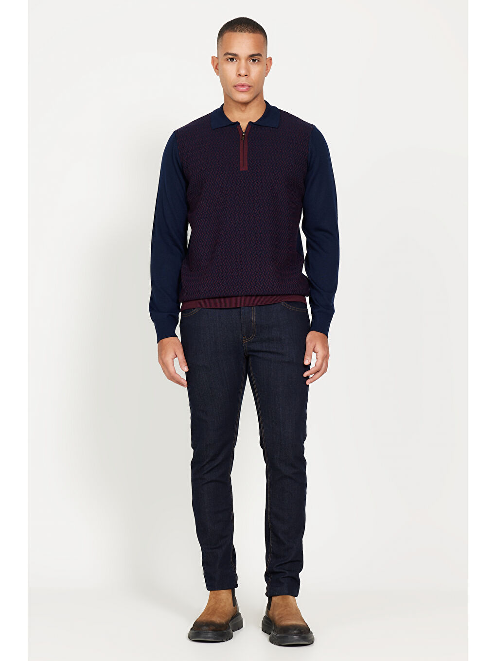 Erkek Lacivert-Bordo Standart Fit Normal Kesim Polo Yaka Yünlü Triko Kazak-1