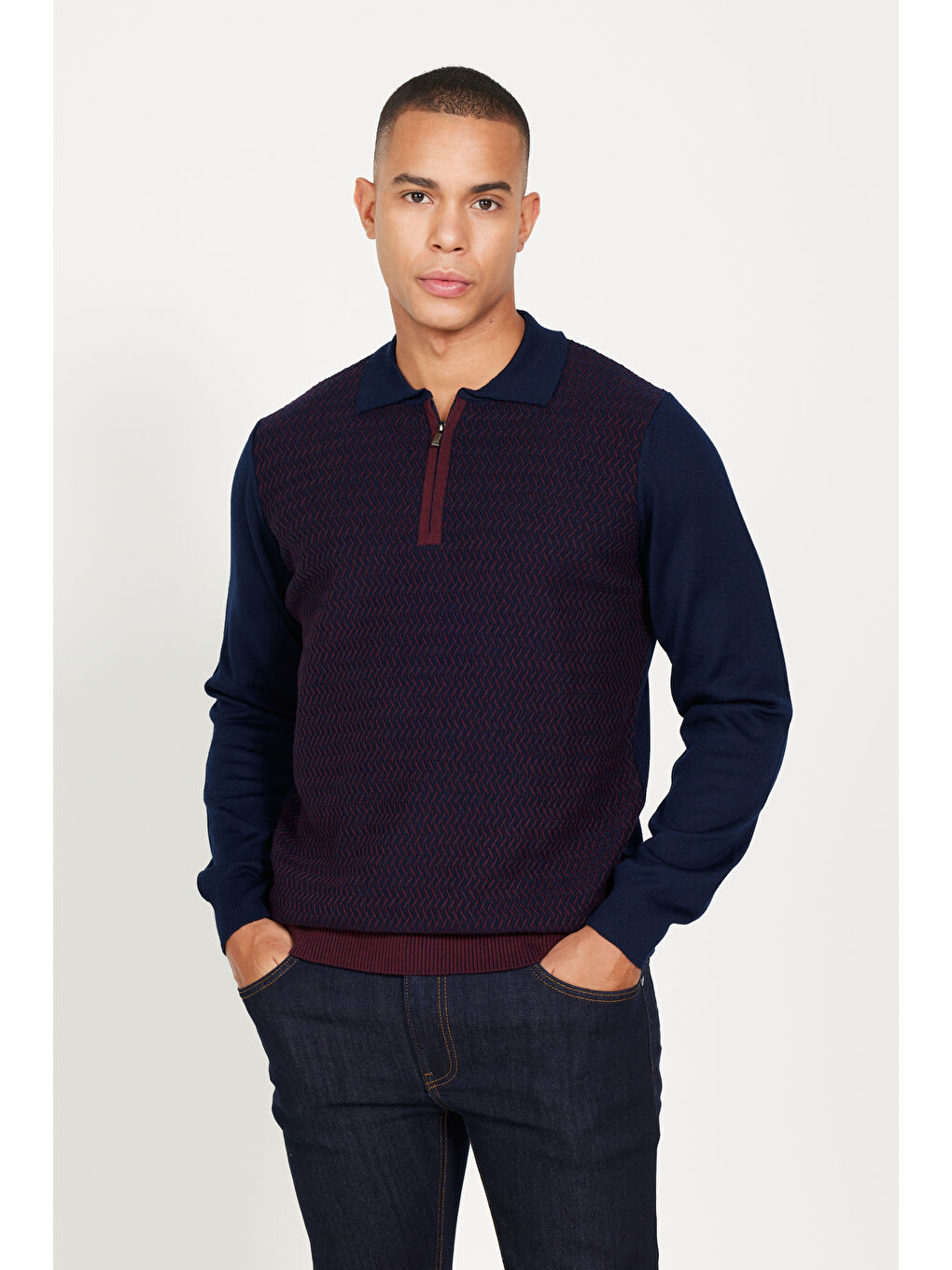 Erkek Lacivert-Bordo Standart Fit Normal Kesim Polo Yaka Yünlü Triko Kazak-2