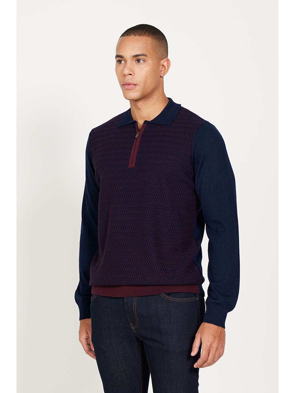 Erkek Lacivert-Bordo Standart Fit Normal Kesim Polo Yaka Yünlü Triko Kazak-3