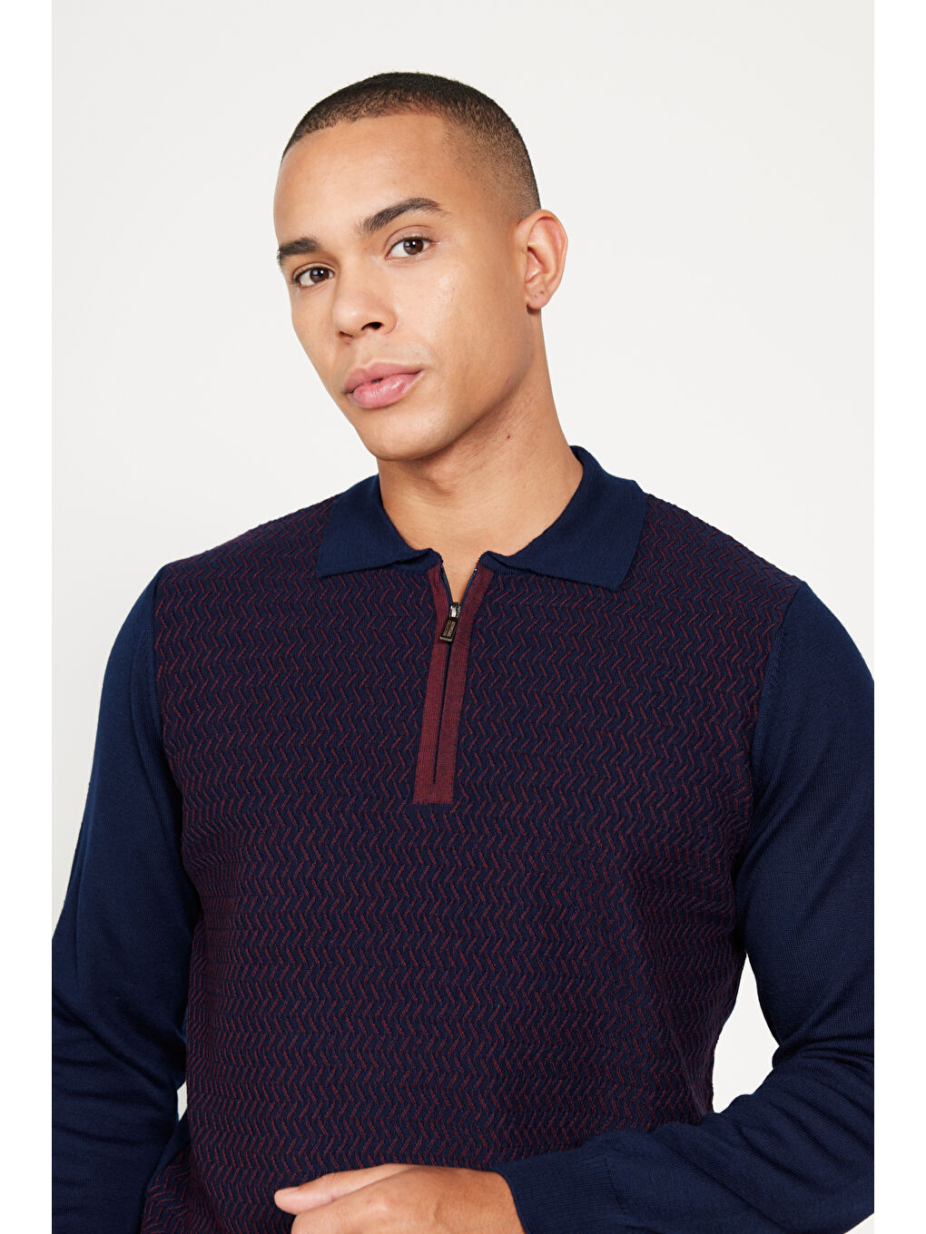 Erkek Lacivert-Bordo Standart Fit Normal Kesim Polo Yaka Yünlü Triko Kazak-4