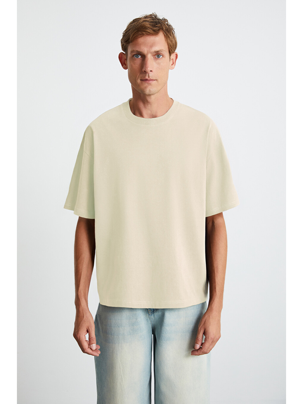 Erkek Oversize Fit %100 Organik Pamuk Kalın Dokulu Bisiklet Yakalı Bej Tişört-1