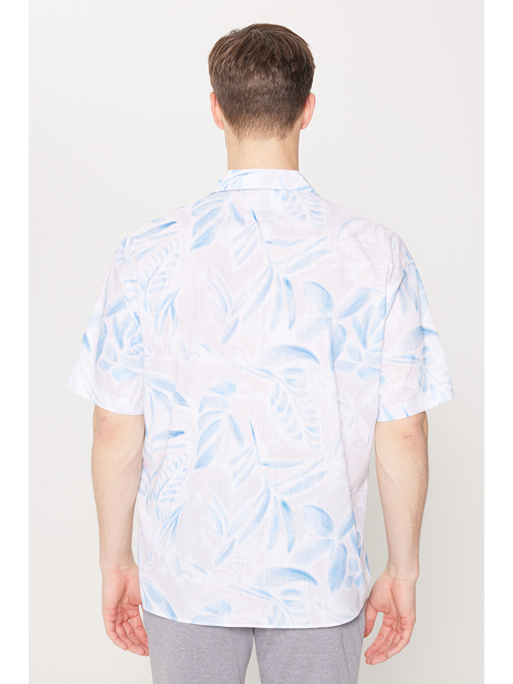 Erkek Bej-Lacivert Oversize Fit Geniş Kesim Küba Yaka %100 Pamuk Baskılı Kısa Kollu Gömlek-4