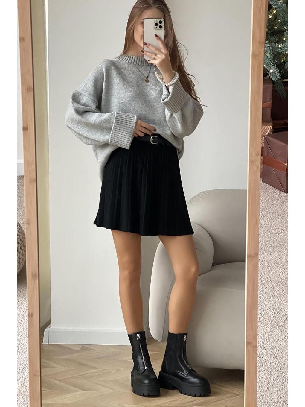 Gri Bisiklet Yaka Oversize Triko Kazak Mg1972