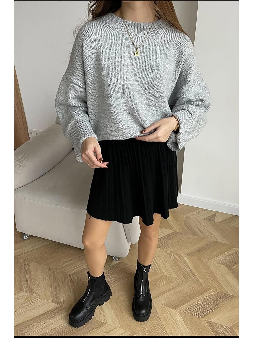 Gri Bisiklet Yaka Oversize Triko Kazak Mg1972-1