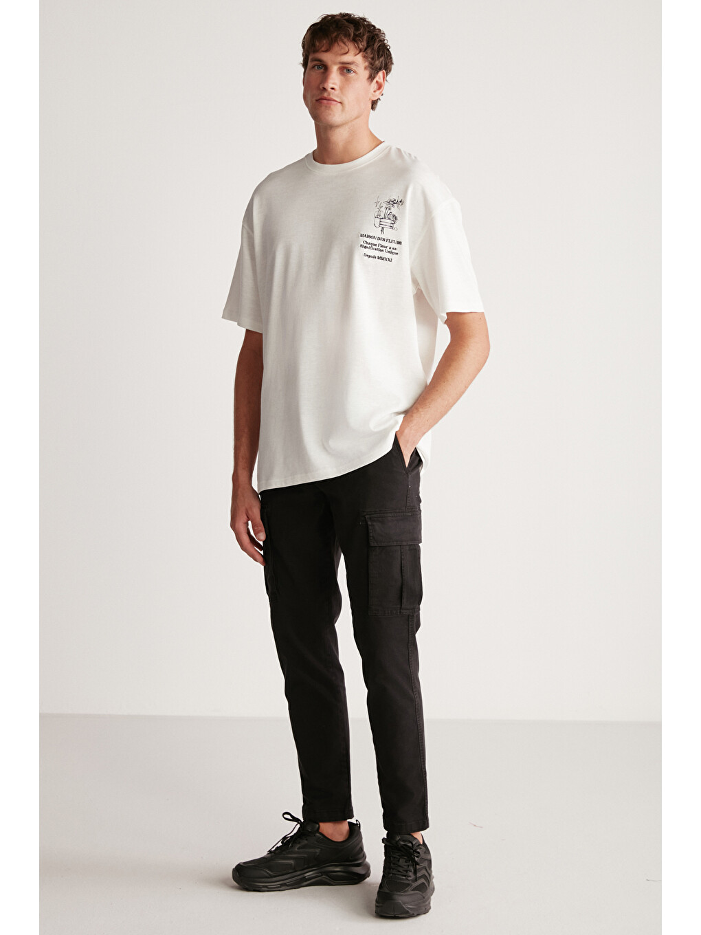 Ekru ALONZO Erkek Oversize Fit %100 Pamuk Nakışlı Ve Baskılı EKRU T-Shirt-5