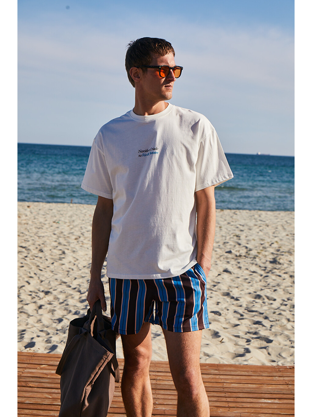 Beyaz COPACABANA Erkek Ön Arka Baskı Detaylı %100 Organik Pamuk Oversize Kısa Kollu BEYAZ T-Shirt