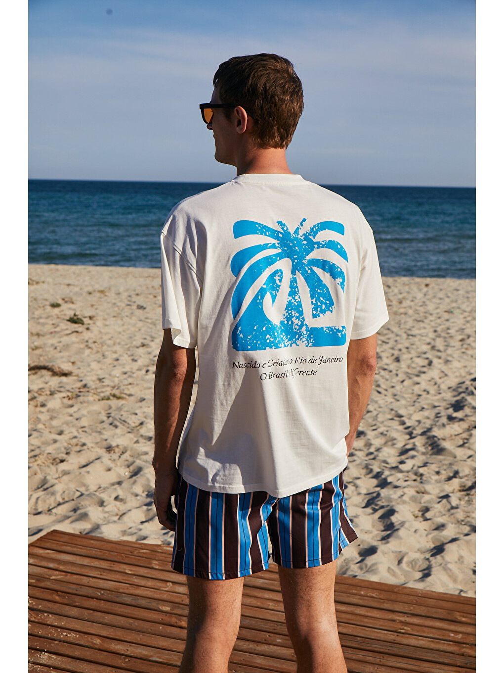 Beyaz COPACABANA Erkek Ön Arka Baskı Detaylı %100 Organik Pamuk Oversize Kısa Kollu BEYAZ T-Shirt-1