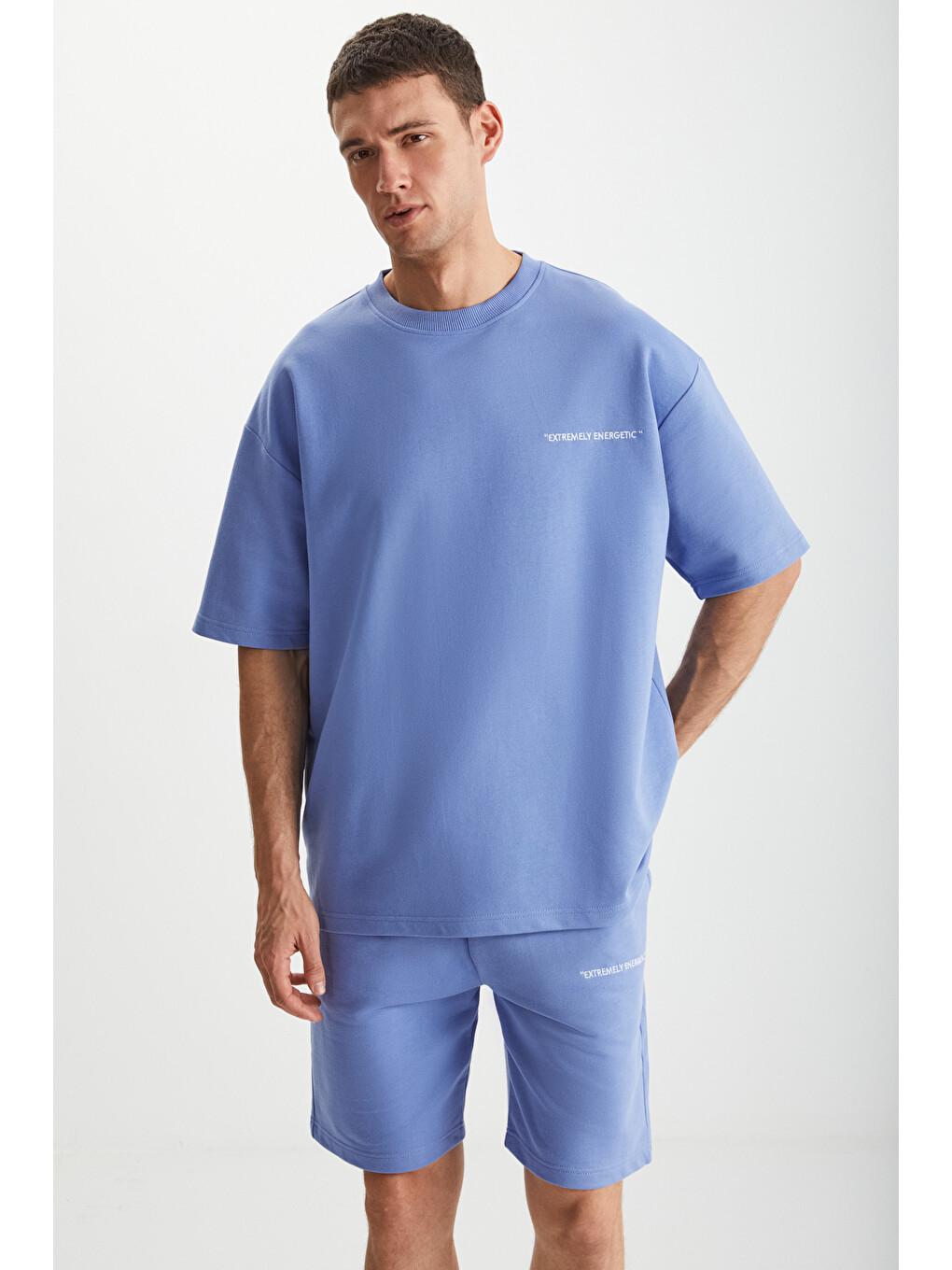Erkek 2'li Set Comfort Fit Rahat Kalıp Yazı Nakışlı Şardonsuz Mavi Eşofman Takımı-1