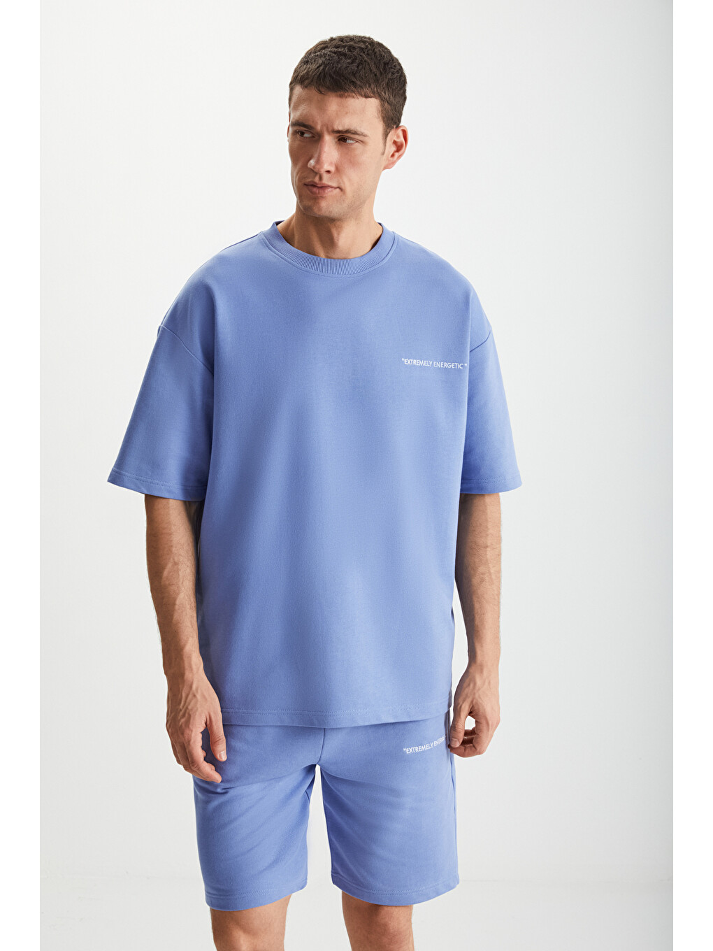 Erkek 2'li Set Comfort Fit Rahat Kalıp Yazı Nakışlı Şardonsuz Mavi Eşofman Takımı-2
