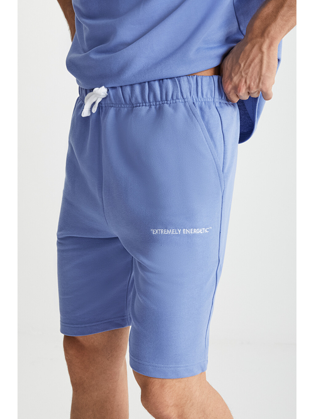 Erkek 2'li Set Comfort Fit Rahat Kalıp Yazı Nakışlı Şardonsuz Mavi Eşofman Takımı-4