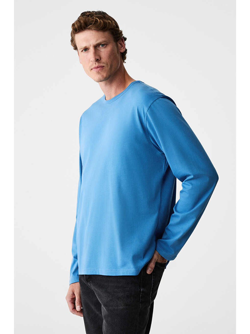 Mavi GRAVS Erkek %100 Pamuklu Yumuşak Kumaşlı Yuvarlak Yakalı Uzun Kollu MAVİ T-Shirt-4