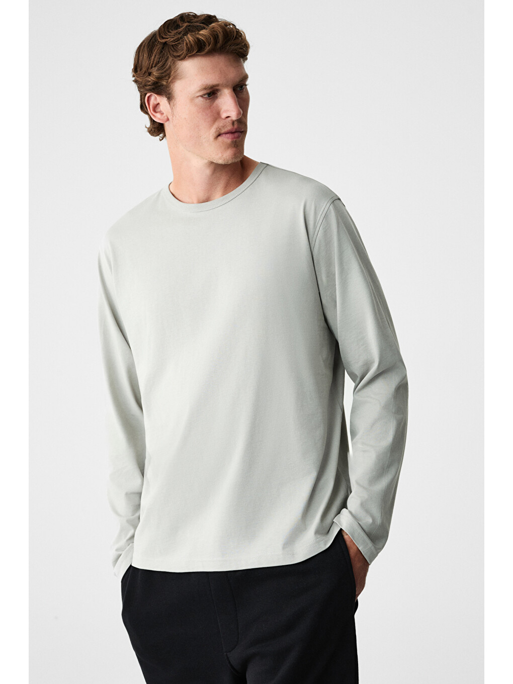 Gri GRAVS Erkek %100 Pamuklu Yumuşak Kumaşlı Yuvarlak Yakalı Uzun Kollu GRİ T-Shirt-3