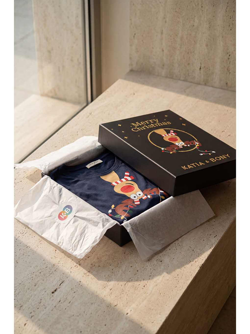 Kadın Geyik Desenli Kutulu Yılbaşı Pijama Takımı Lacivert-5