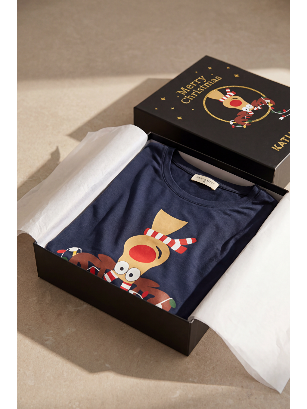 Kadın Geyik Desenli Kutulu Yılbaşı Pijama Takımı Lacivert-6