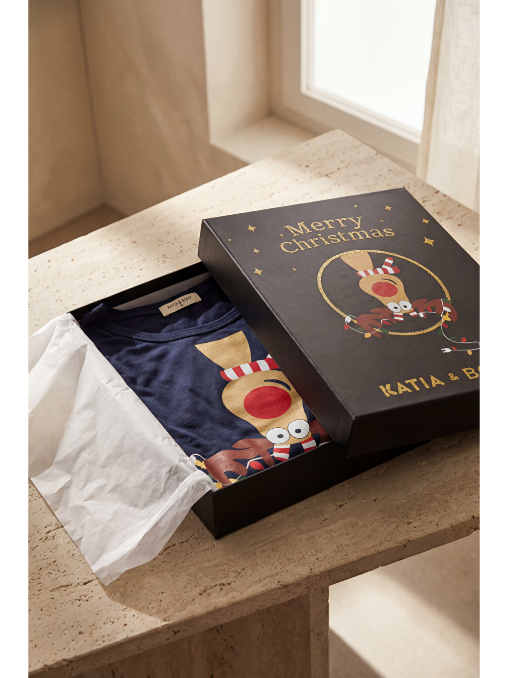 Kadın Geyik Desenli Kutulu Yılbaşı Pijama Takımı Lacivert-7