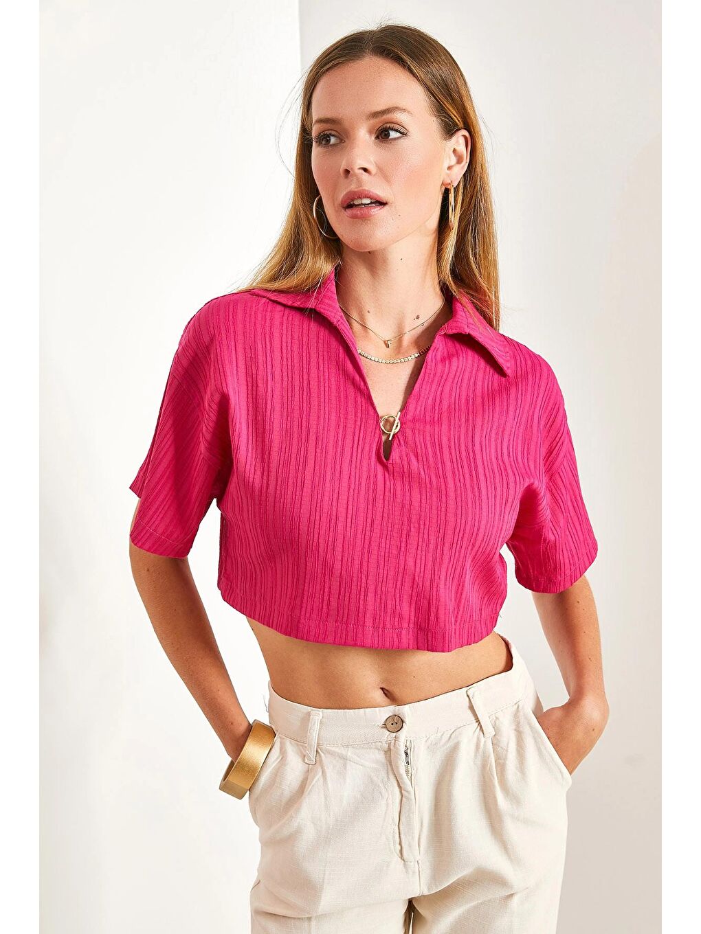 Fuşya Kadın Crop Pamuk Krinkıl Bluz-1