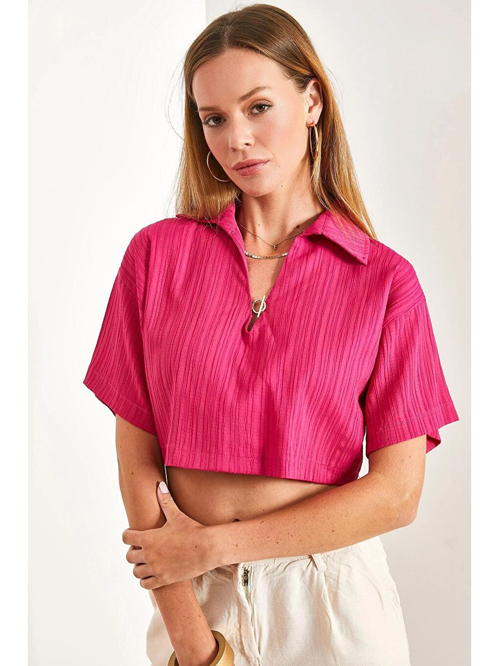 Fuşya Kadın Crop Pamuk Krinkıl Bluz-3