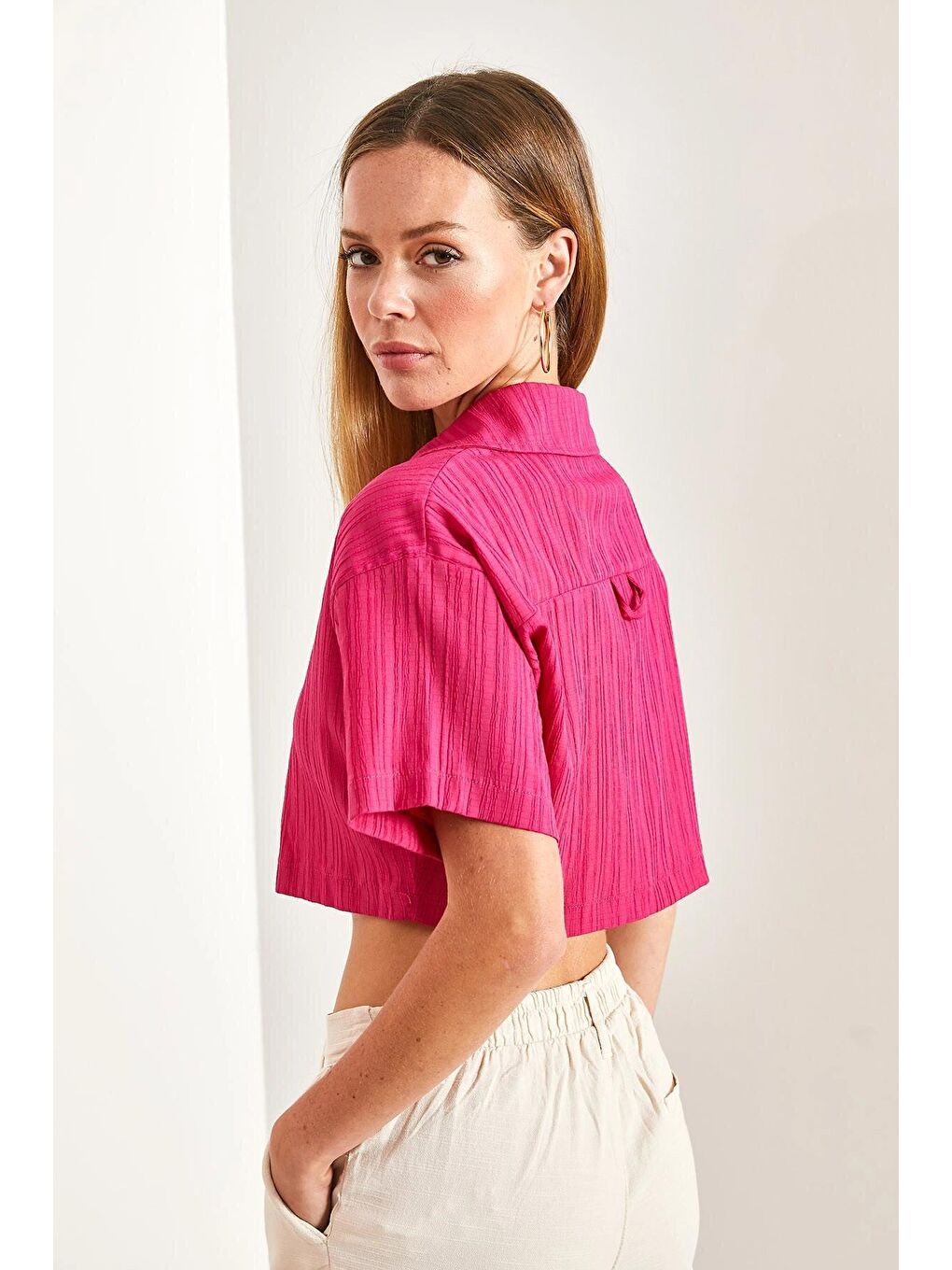 Fuşya Kadın Crop Pamuk Krinkıl Bluz-4