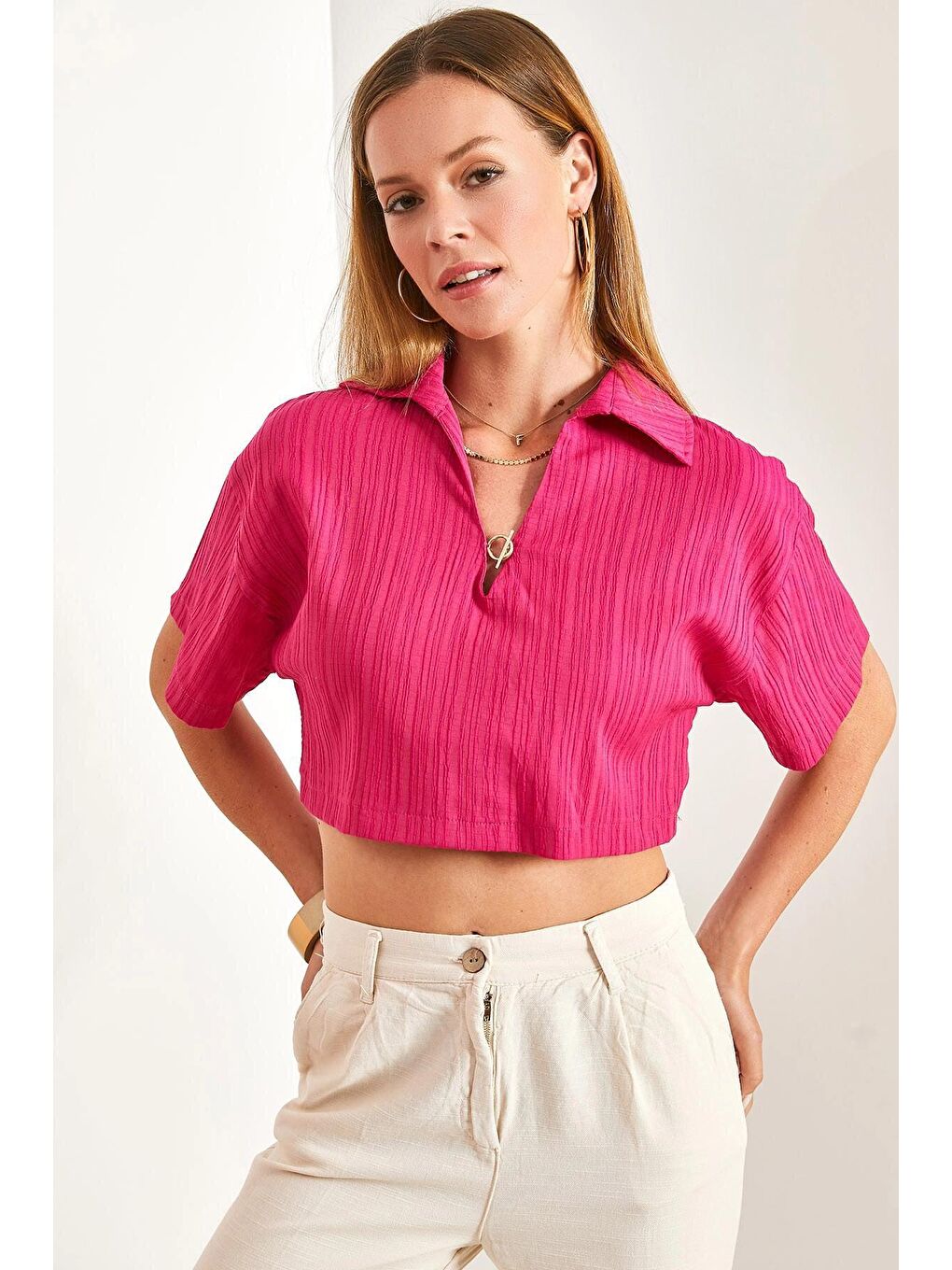 Fuşya Kadın Crop Pamuk Krinkıl Bluz