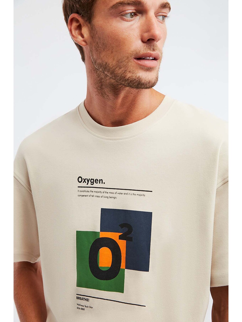 Bej PRISMATIC Erkek %100 Organik Pamuklu Özel Kalın Dokulu Nefes Alabilir Oversize Baskılı BEJ T-Shirt-2