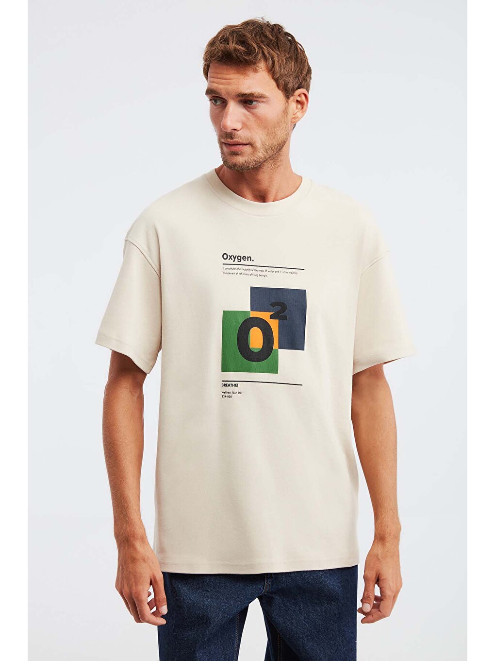 Bej PRISMATIC Erkek %100 Organik Pamuklu Özel Kalın Dokulu Nefes Alabilir Oversize Baskılı BEJ T-Shirt-3