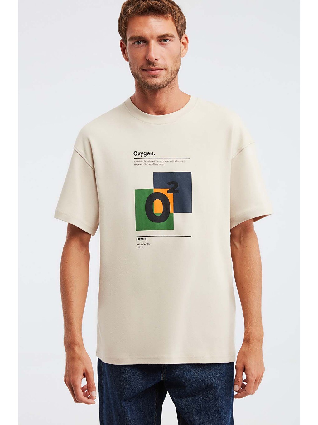 Bej PRISMATIC Erkek %100 Organik Pamuklu Özel Kalın Dokulu Nefes Alabilir Oversize Baskılı BEJ T-Shirt-4