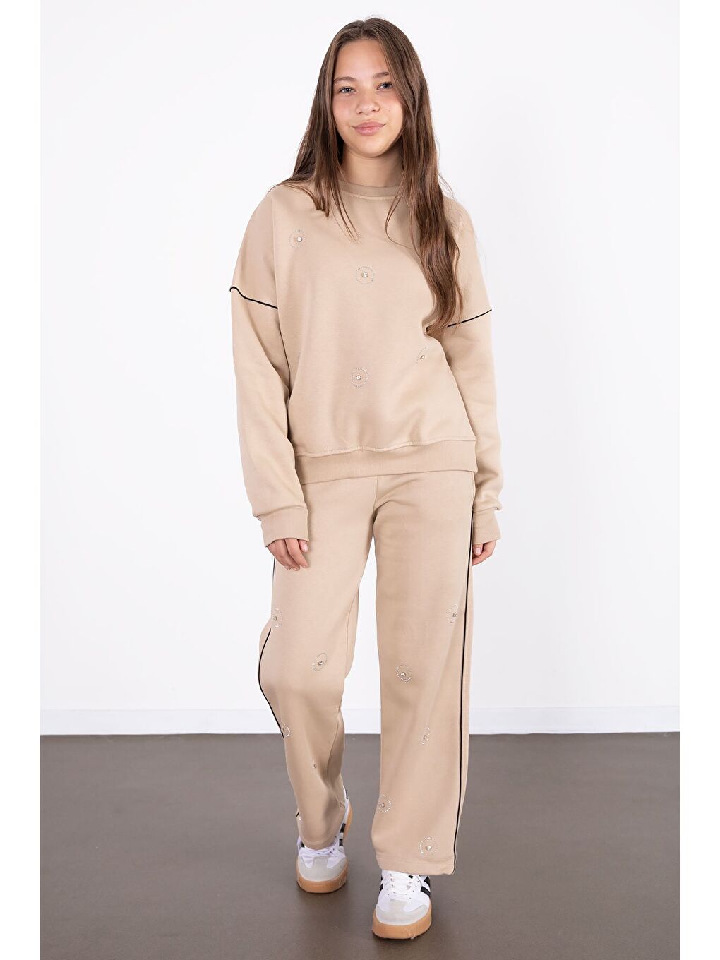 Bej Payet İşlemeli Şardonlu Kız Çocuk 2li Eşofman Takımı 21427