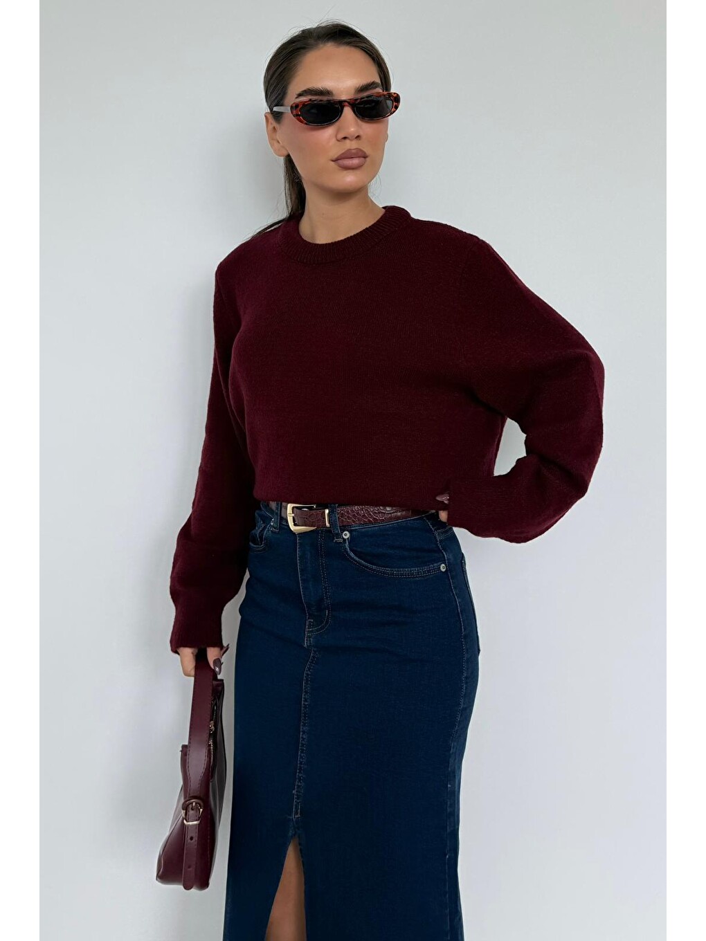 Bordo Bisiklet Yaka Kadın Triko Kazak Mg2494-1