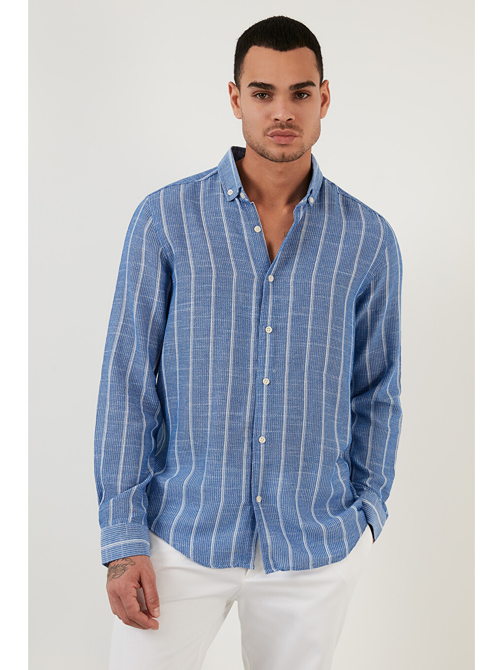 Mavi Pamuklu Çizgili Regular Fit Düğmeli Yaka Gömlek Cf21s112480-2